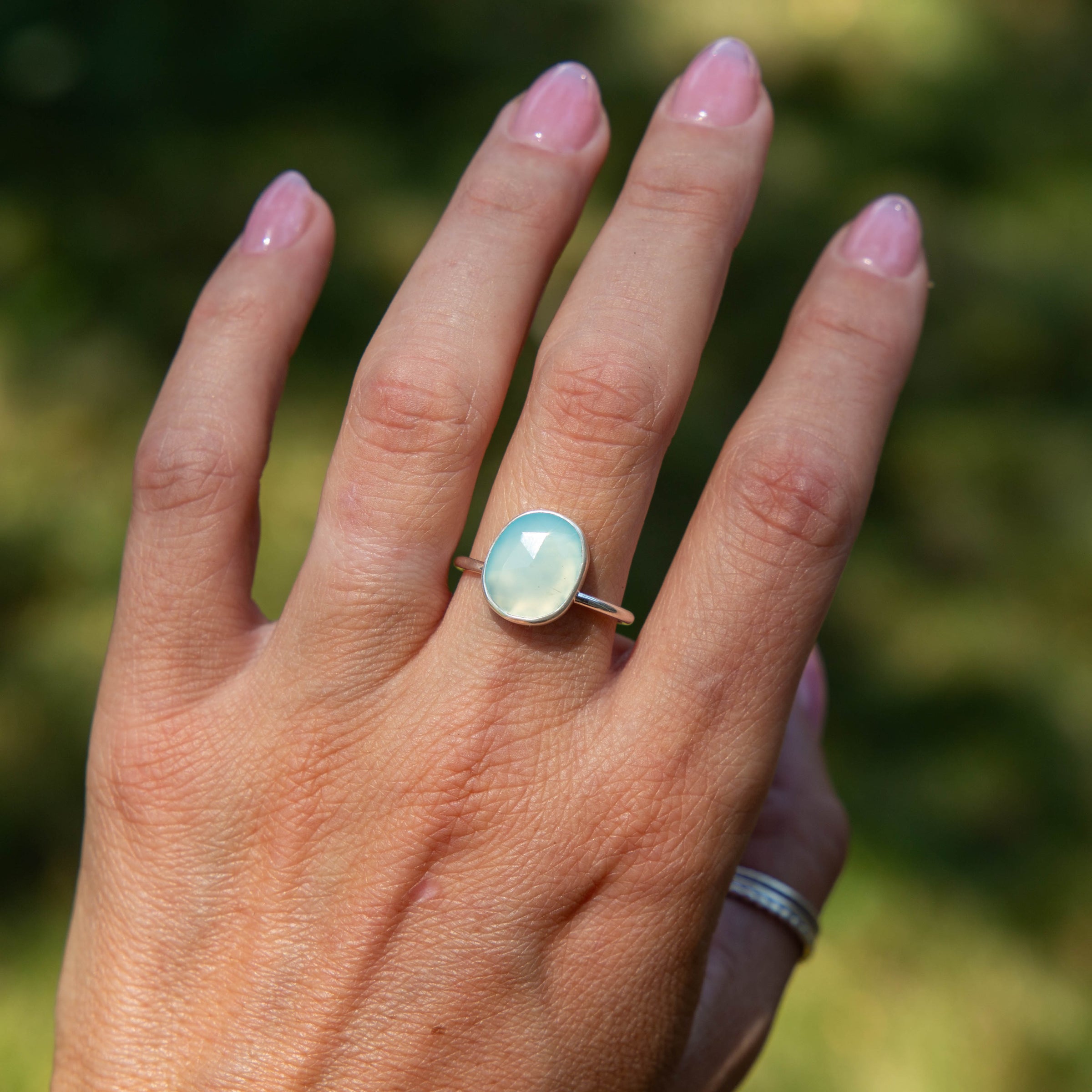 9 Light Blue Chalcedony Sterling Silver Stacker Ring (Size 9)