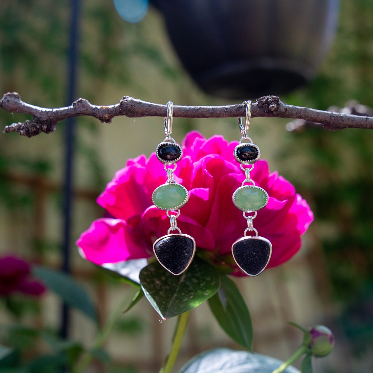 Chrysoprase, Black Onyx & Druzy Quartz Dazzling Harmony Sterling Silver Dangle Earrings