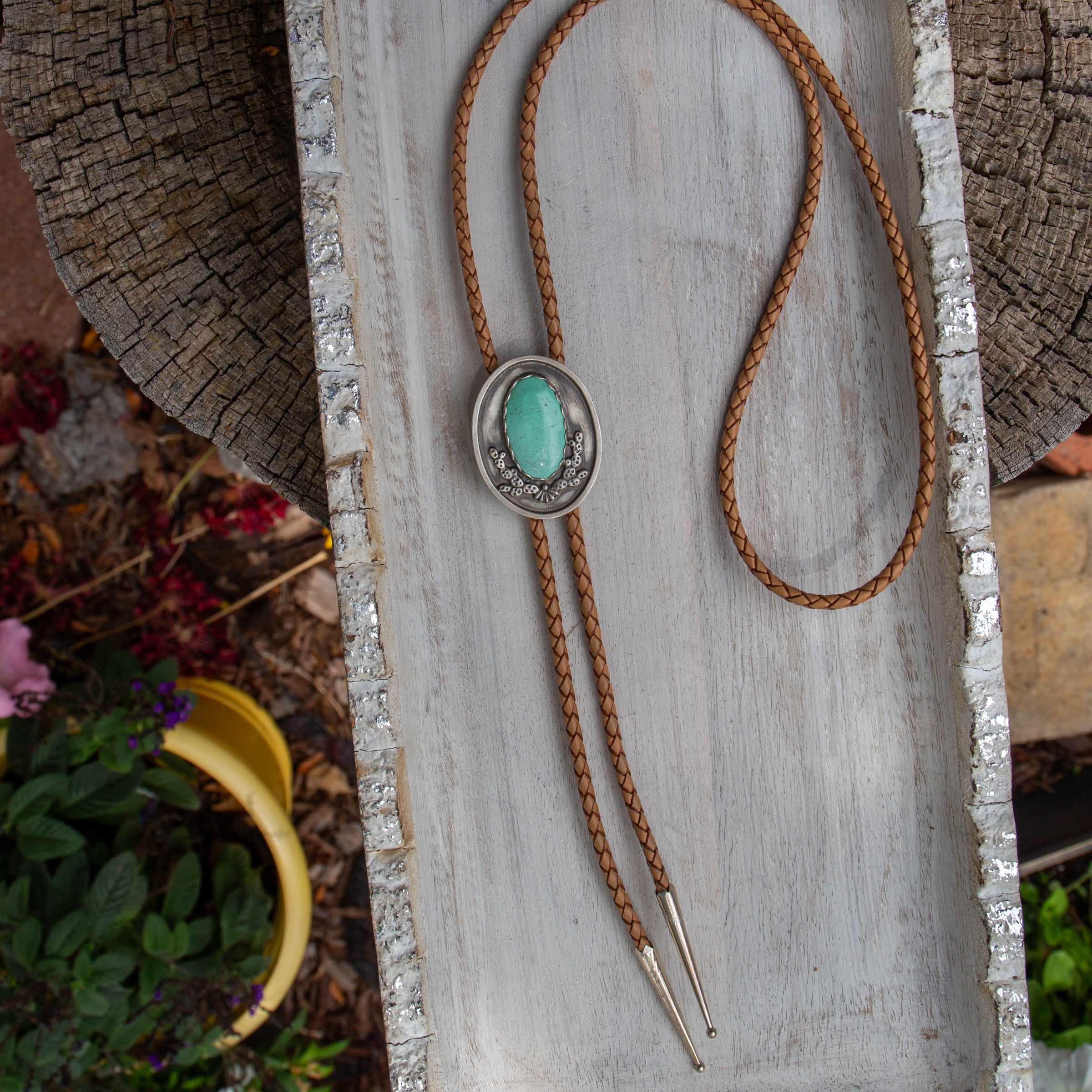 42" Carico Lake Turquoise Cactus Shadowbox Sterling Silver Bolo