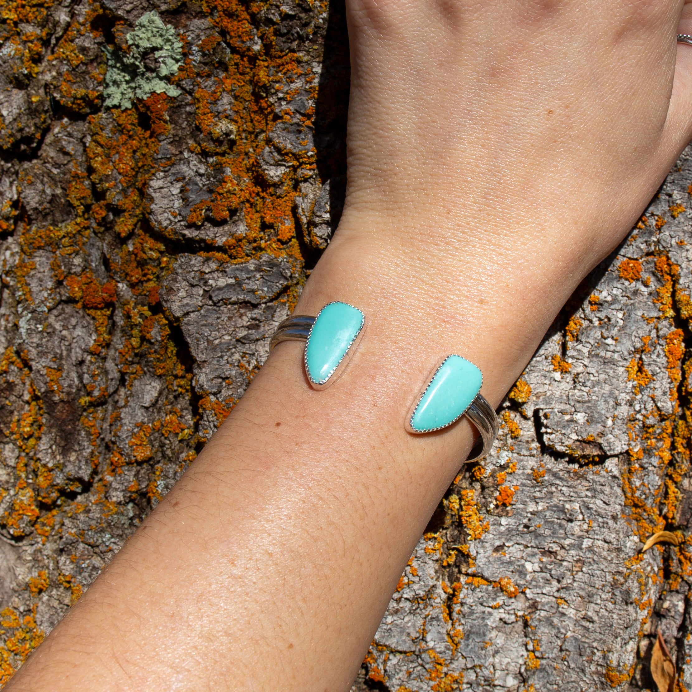 Campitos Turquoise Double Stone Sterling Silver Open Cuff