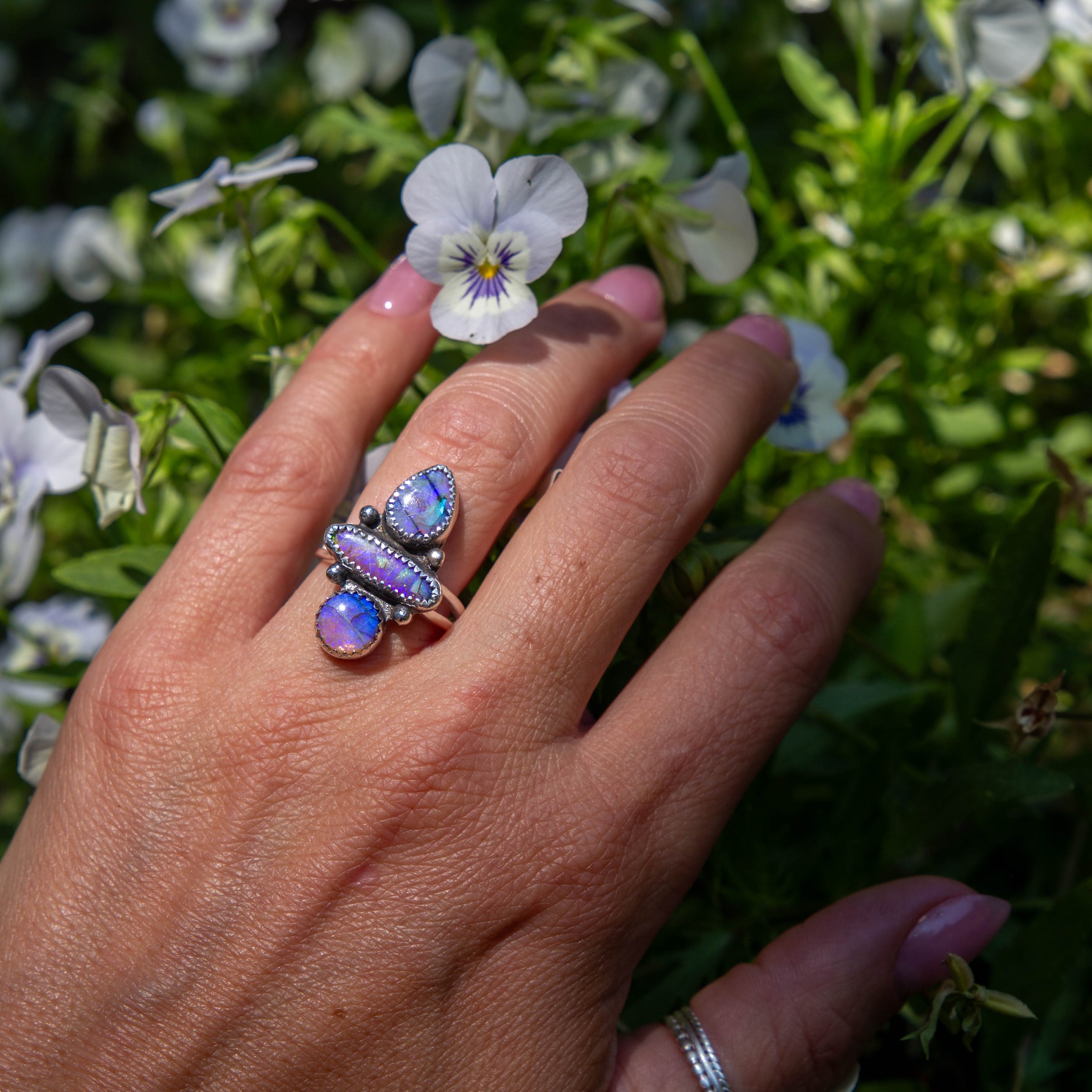 7 Triple Purple Sterling Opal Sterling Silver Statement Ring (Size 7)