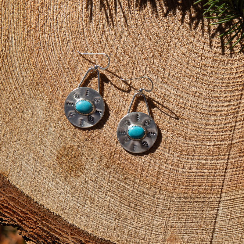 Kingman Turquoise Sterling Silver Stamped 7/8" Circle Earrings