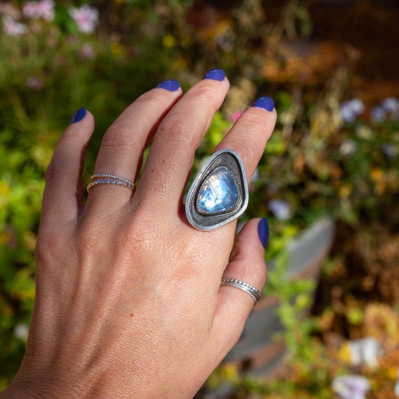 7.5 Rainbow Moonstone Sterling Silver Statement Ring (Size 7.5)
