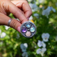 6.5 Amethyst, Rose Quartz, Chalcedony & Moonstone Multi-Stone Circle Sterling Silver Cluster Statement Ring (Size 6.5)
