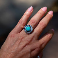 8 Turquoise Sterling Silver Circle Mini Statement Ring (Size 8)
