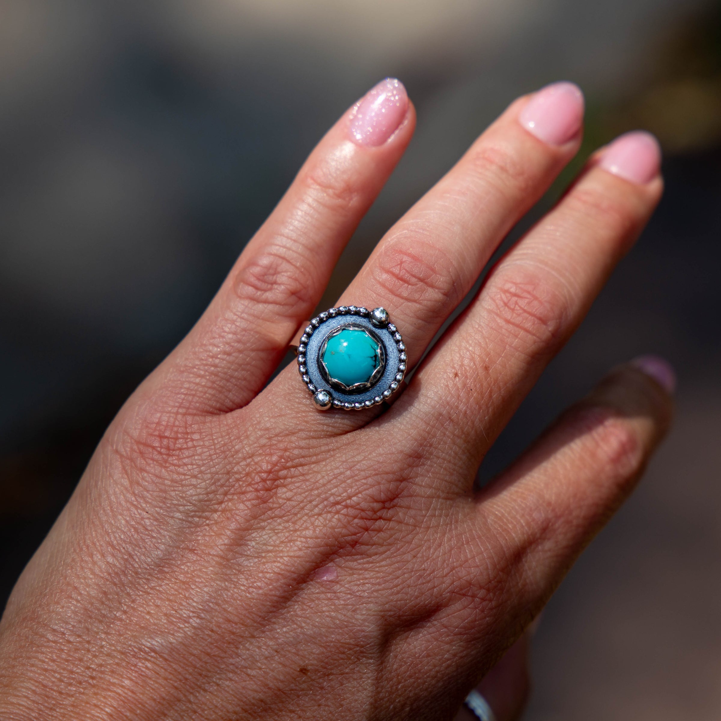 8 Turquoise Sterling Silver Circle Mini Statement Ring (Size 8)