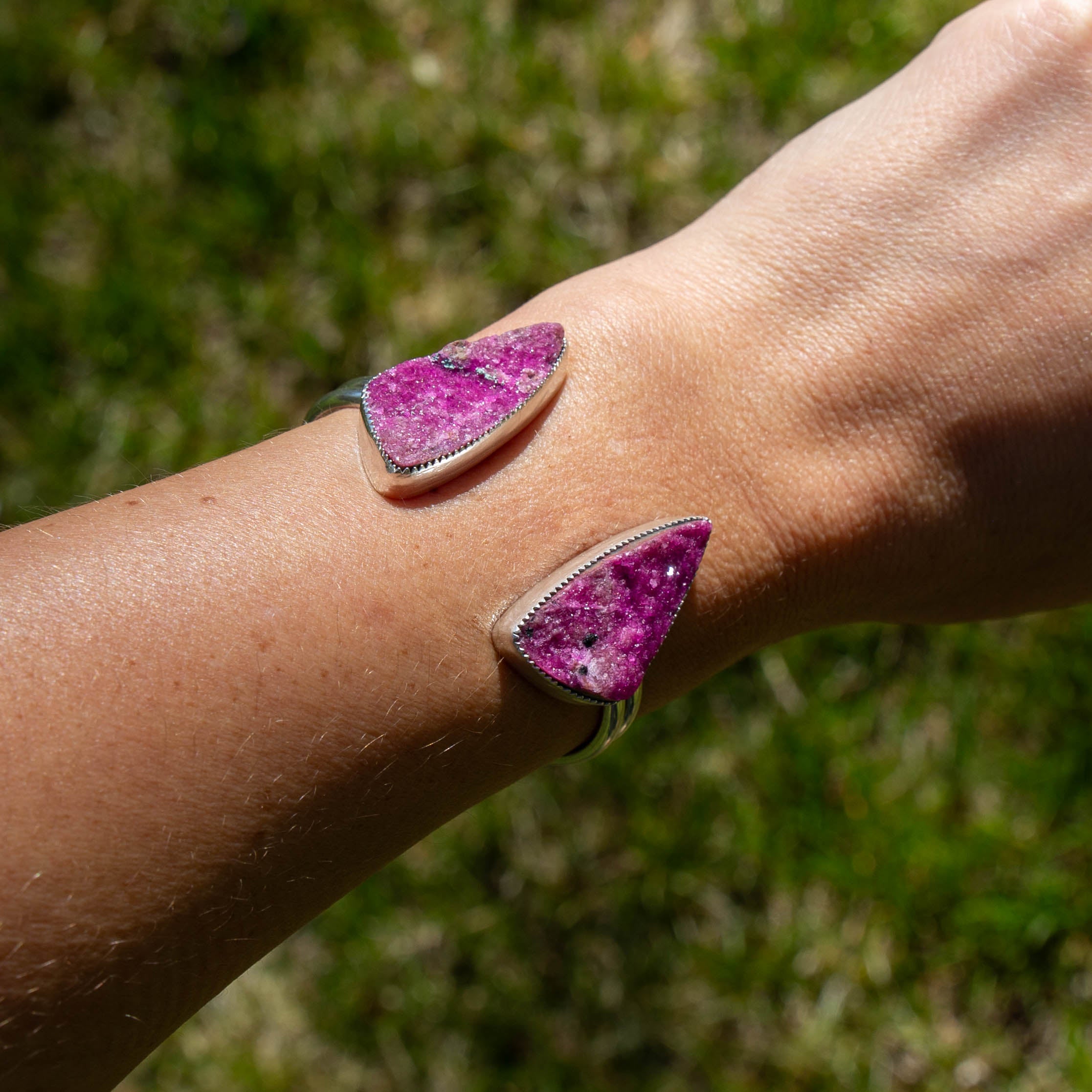 Pink Cobalto Calcite Double Stone Sterling Silver Open Cuff