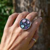 6.5 Kunzite, Opal, Amethyst, Sapphire & Moonstone Multi-Stone Circle Sterling Silver Cluster Statement Ring (Size 6.5)
