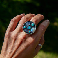 7 Turquoise, Opal, & Moonstone Multi-Stone Circle Sterling Silver Cluster Statement Ring (Size 7)