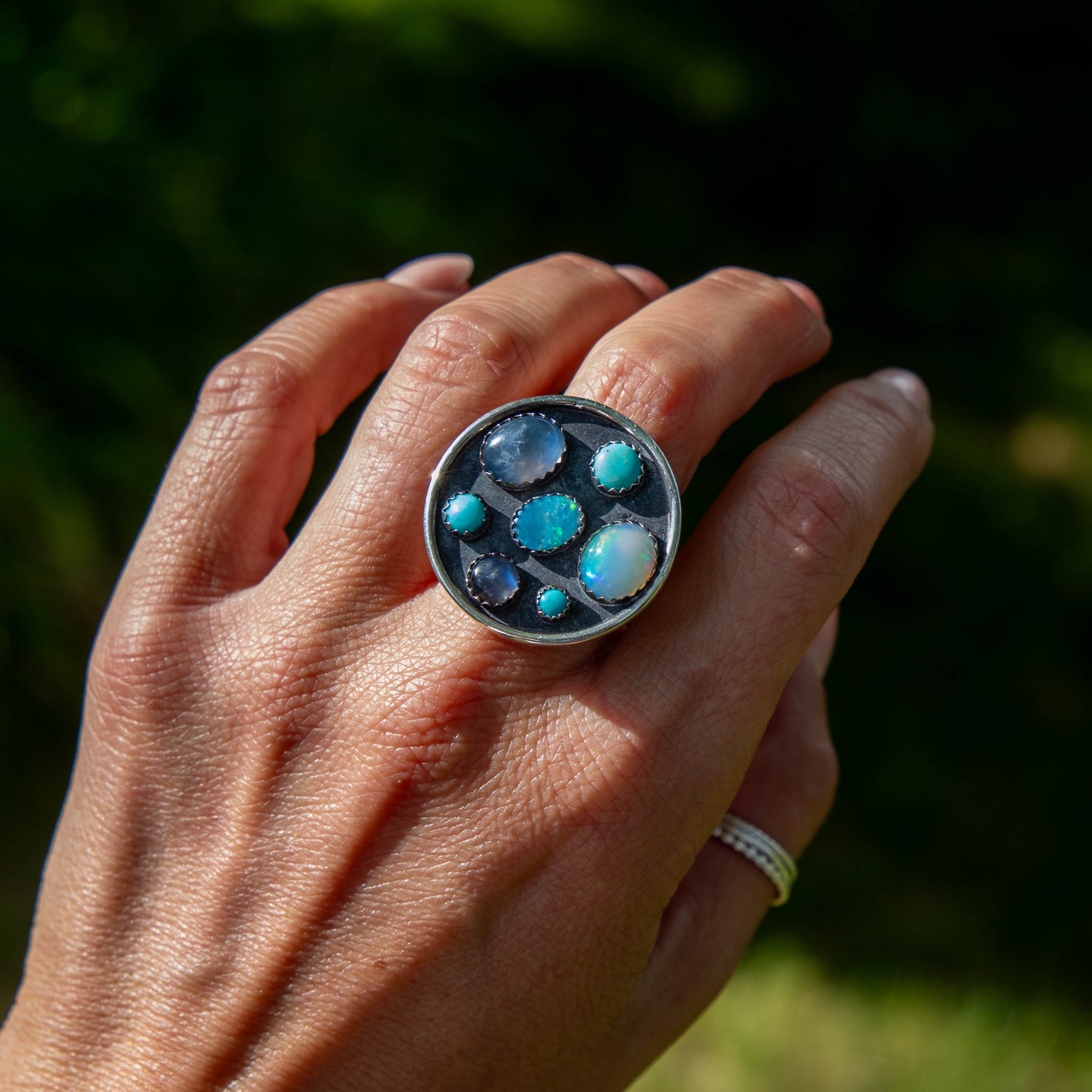 7 Turquoise, Opal, & Moonstone Multi-Stone Circle Sterling Silver Cluster Statement Ring (Size 7)