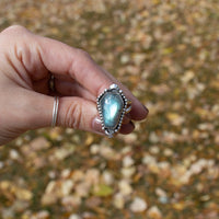 7.75 Labradorite Coffin Shaped Sterling Silver Statement Ring (Size 7.75)