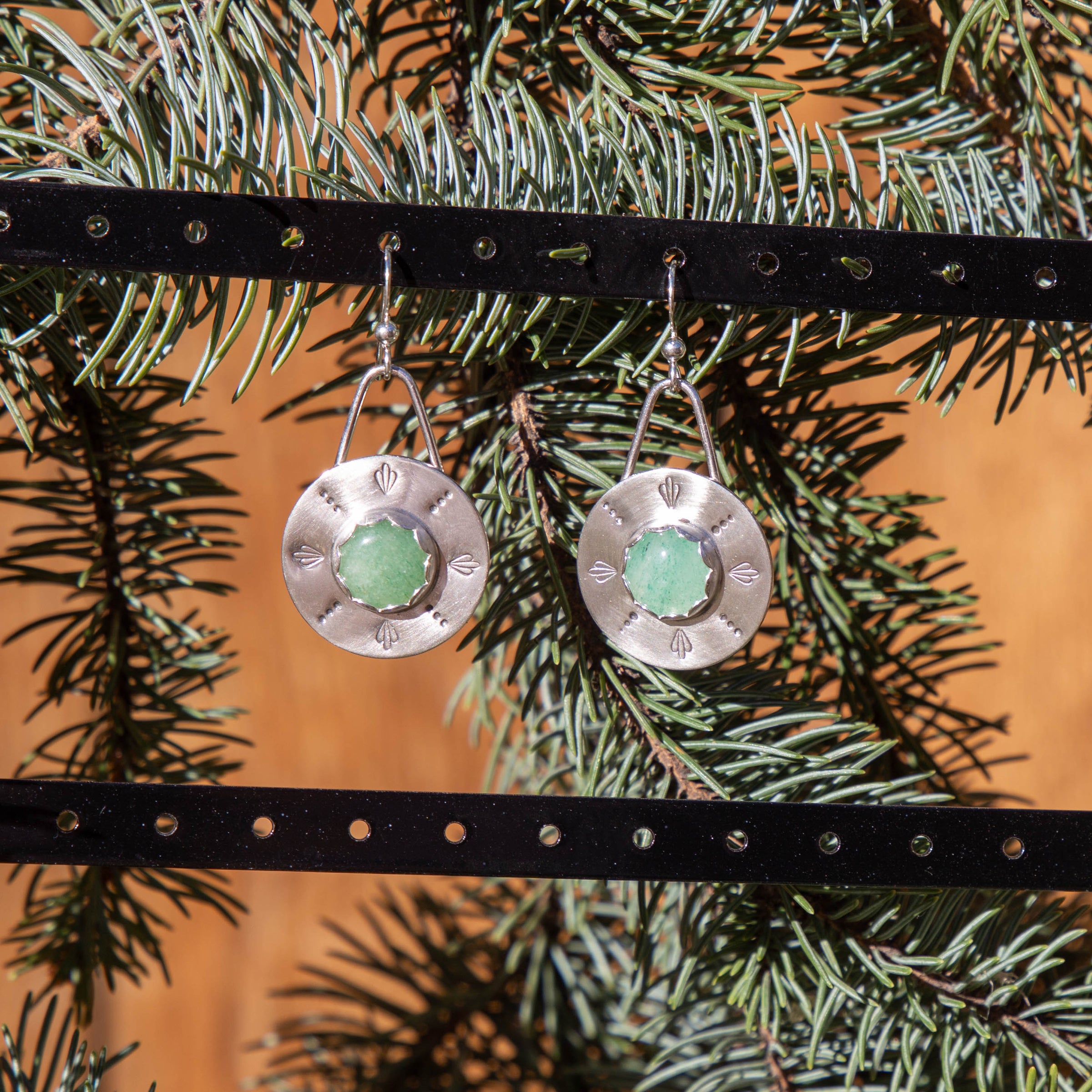 Aventurine Sterling Silver Stamped 1" Circle Earrings