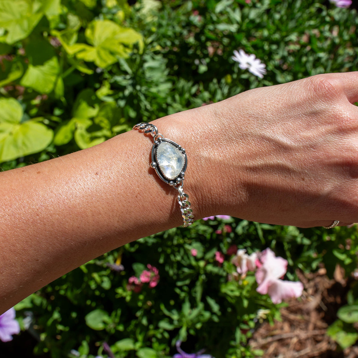 Southwest Mob Wife Chunky Mini Sterling Silver Bracelet with Rainbow Moonstone