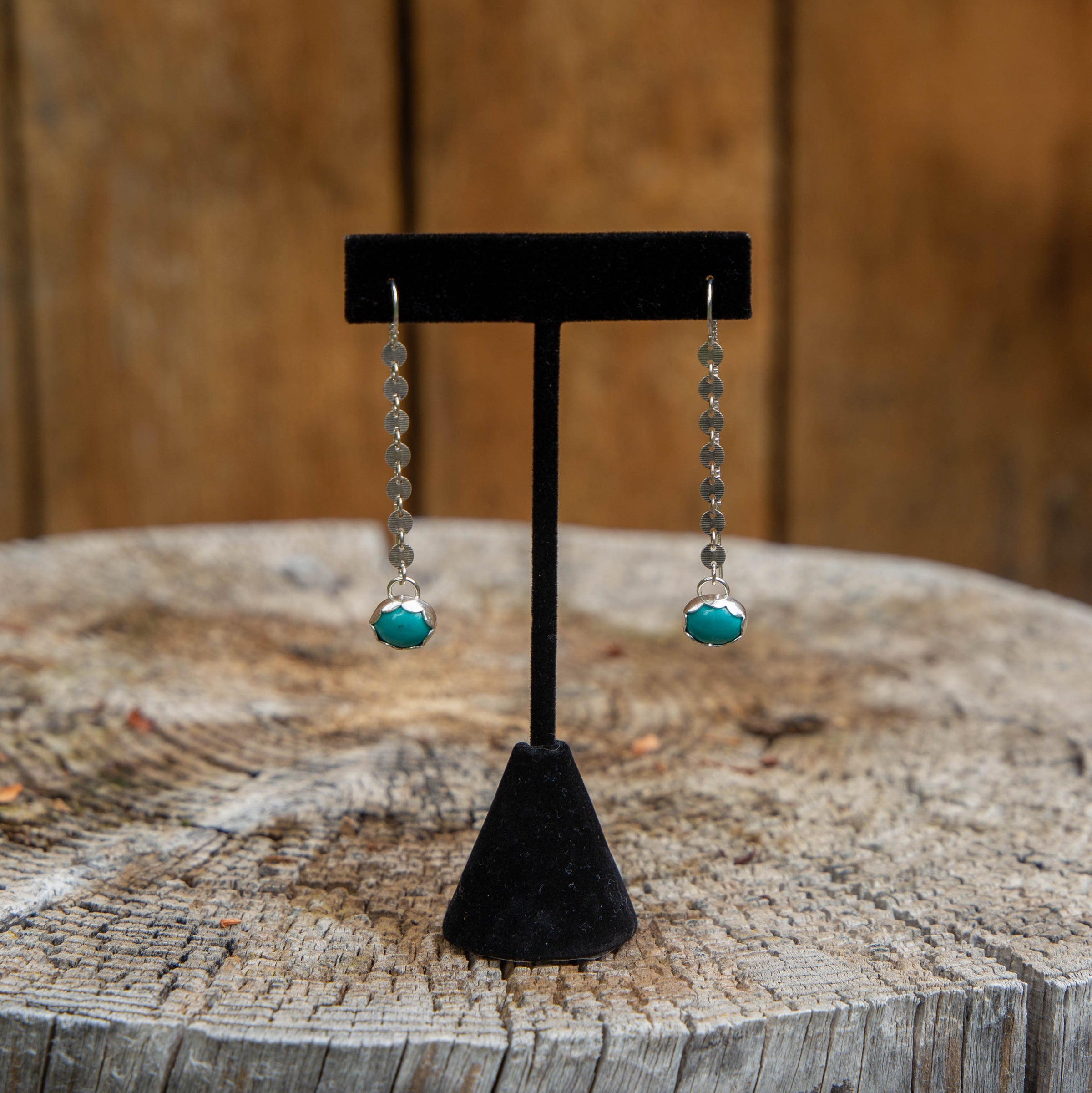 Chinese Turquoise Oxidized Coin Chain Sterling Silver Threader Earrings