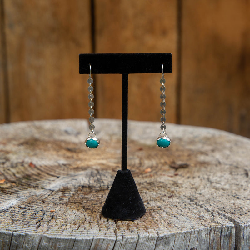 Chinese Turquoise Oxidized Coin Chain Sterling Silver Threader Earrings