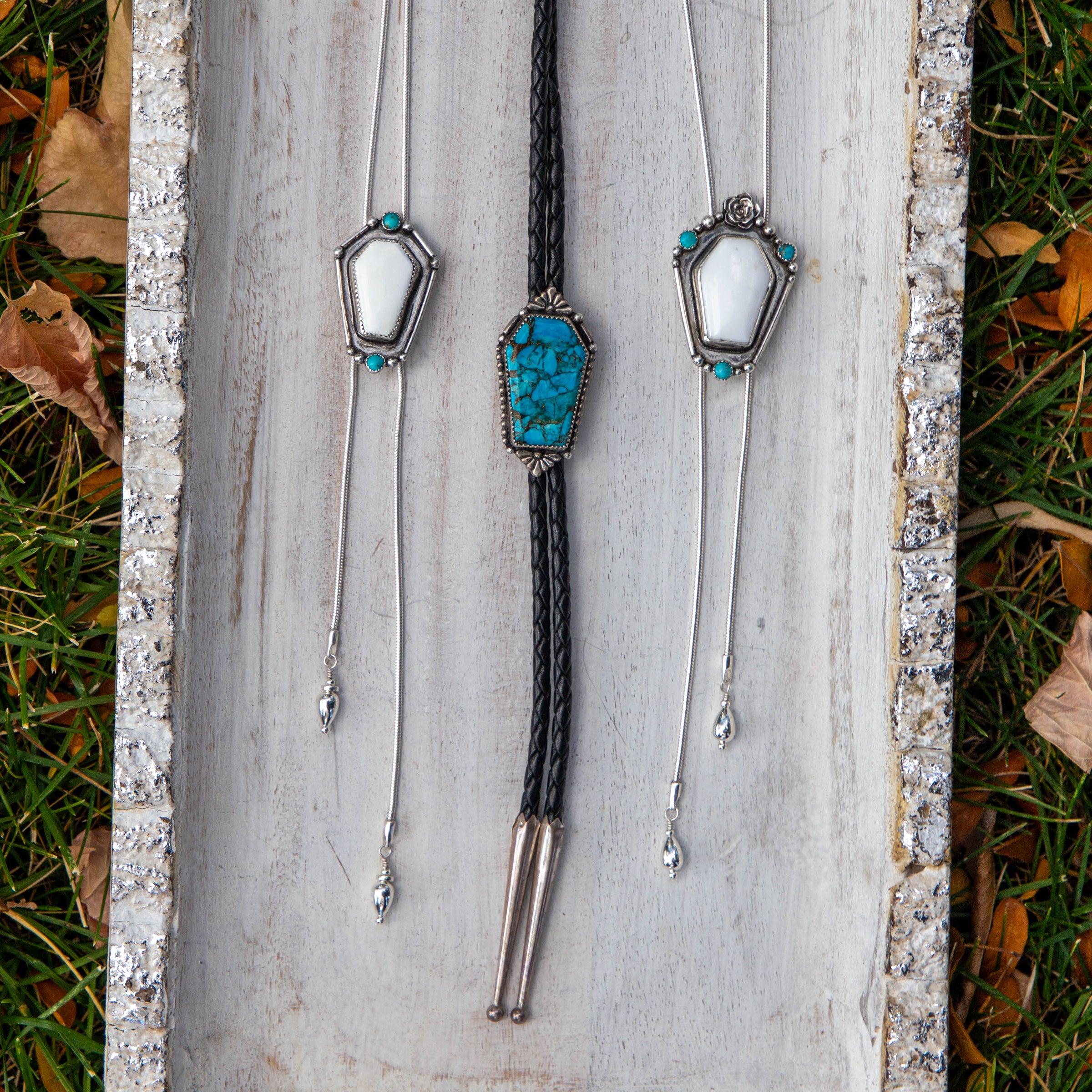 38" White Buffalo Coffin-Shaped Stone with Kingman Turquoise Sterling Silver Chain Bolo La Femme