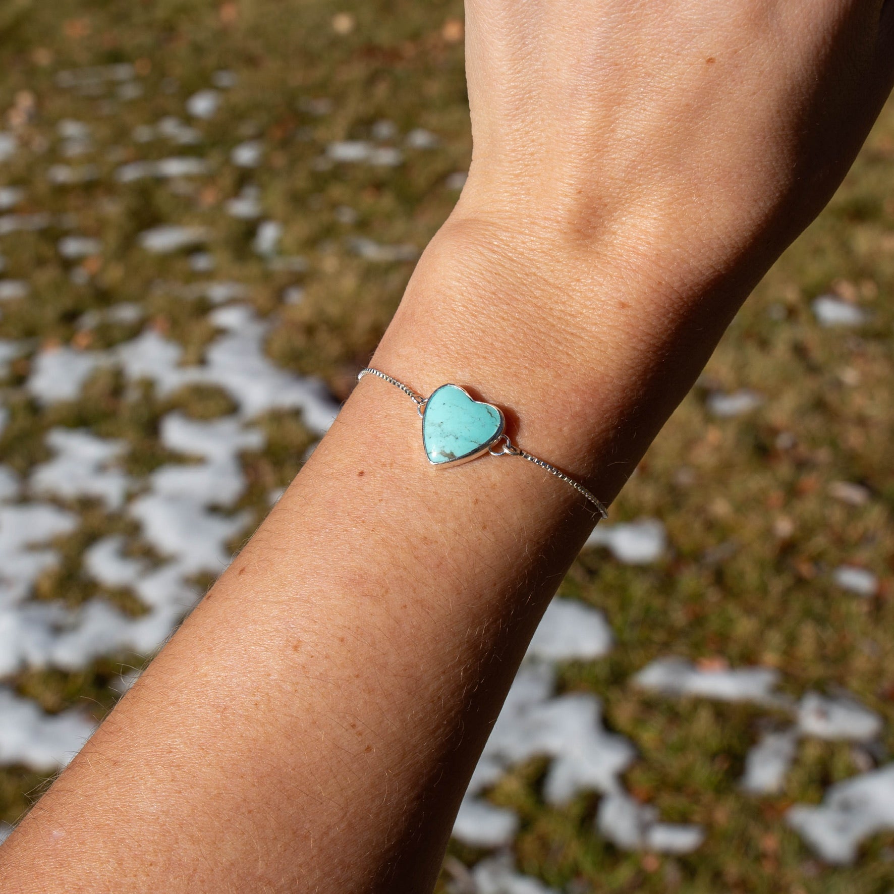 Chilean Turquoise Heart Sterling Silver Slider Bracelet -8.5"