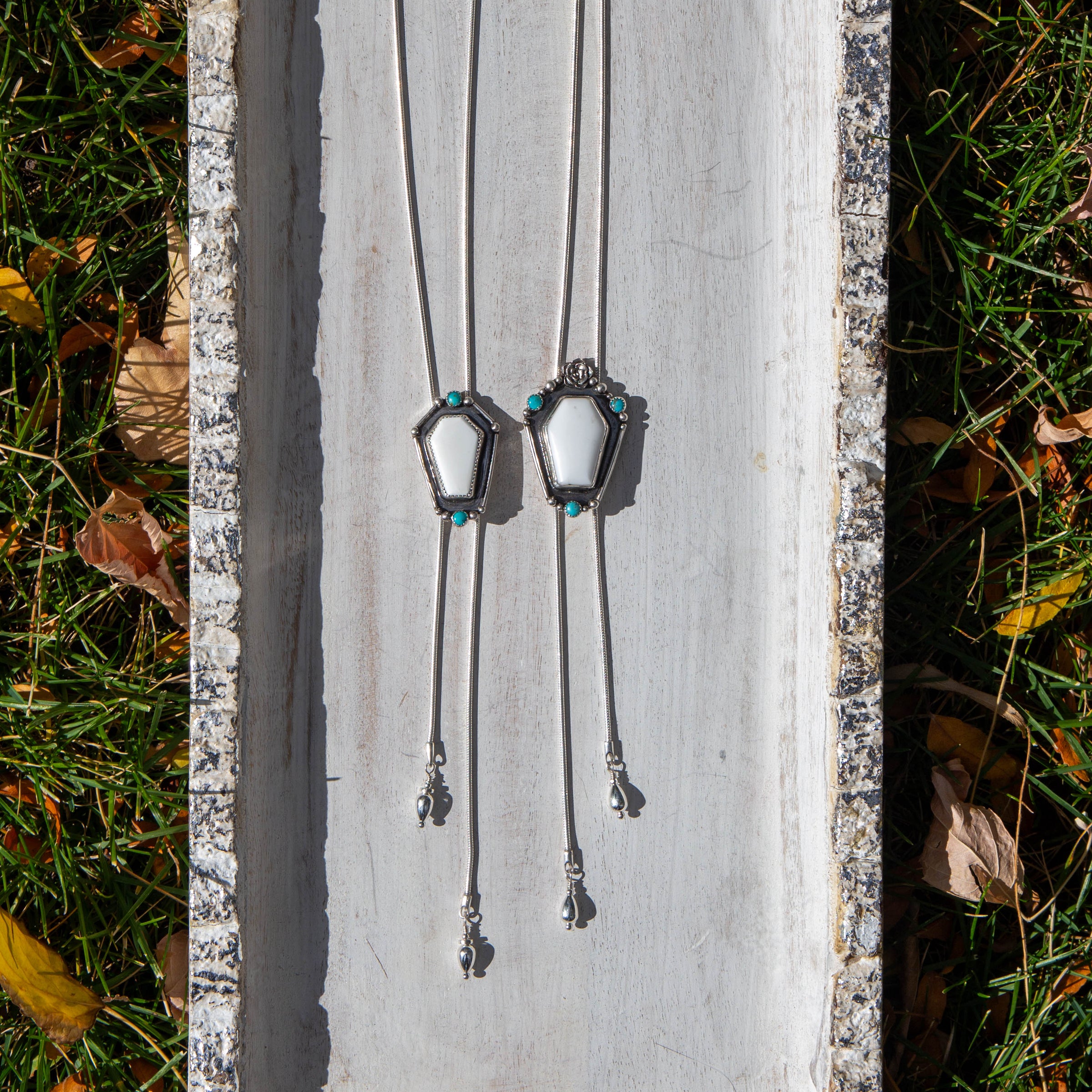 36" White Buffalo Coffin-Shaped Stone with Kingman Turquoise Sterling Silver Chain Bolo La Femme