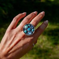 7 Turquoise, Opal, & Moonstone Multi-Stone Circle Sterling Silver Cluster Statement Ring (Size 7)