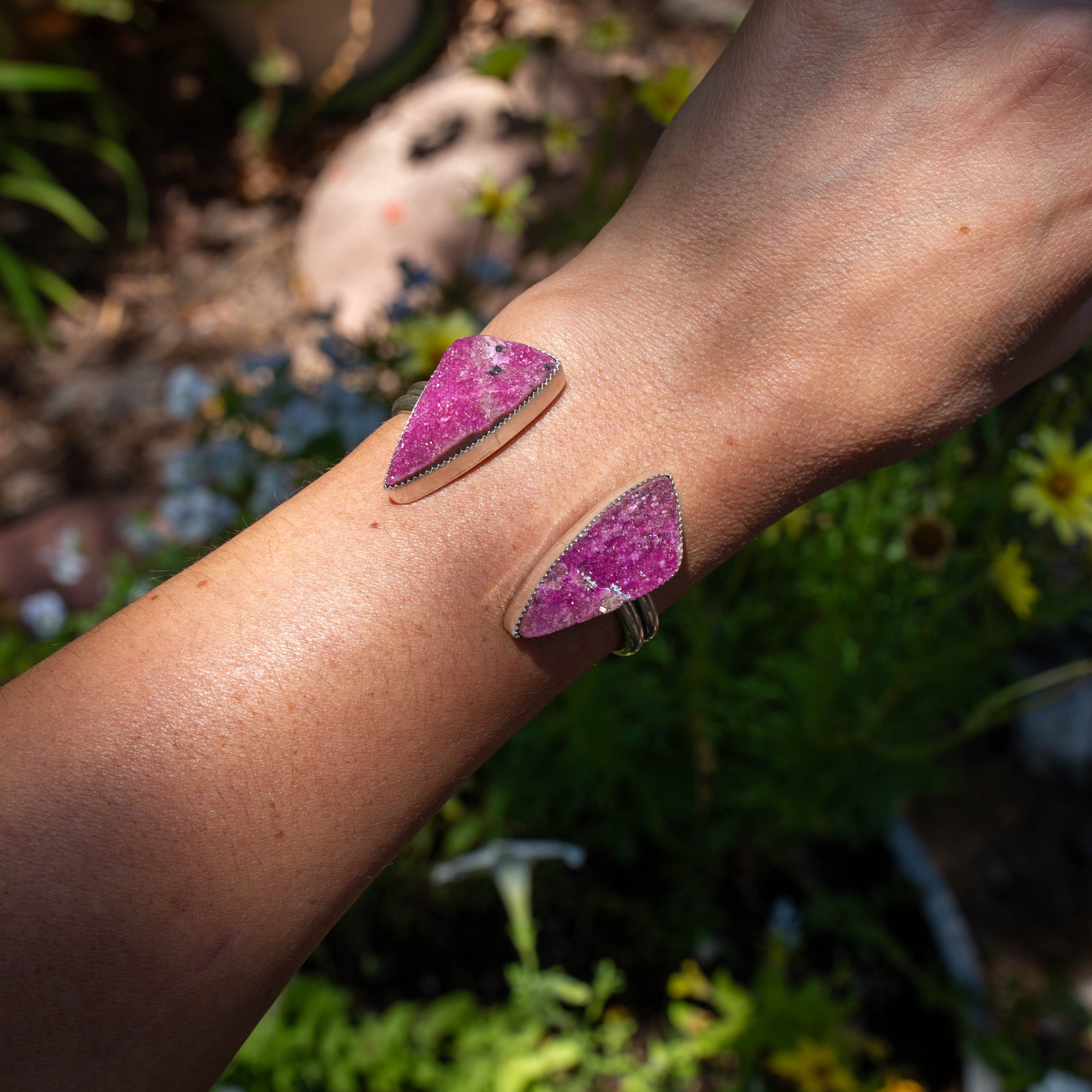 Pink Cobalto Calcite Double Stone Sterling Silver Open Cuff