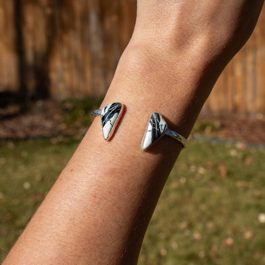 White Buffalo Triangle Double Stone Sterling Silver Open Cuff #7