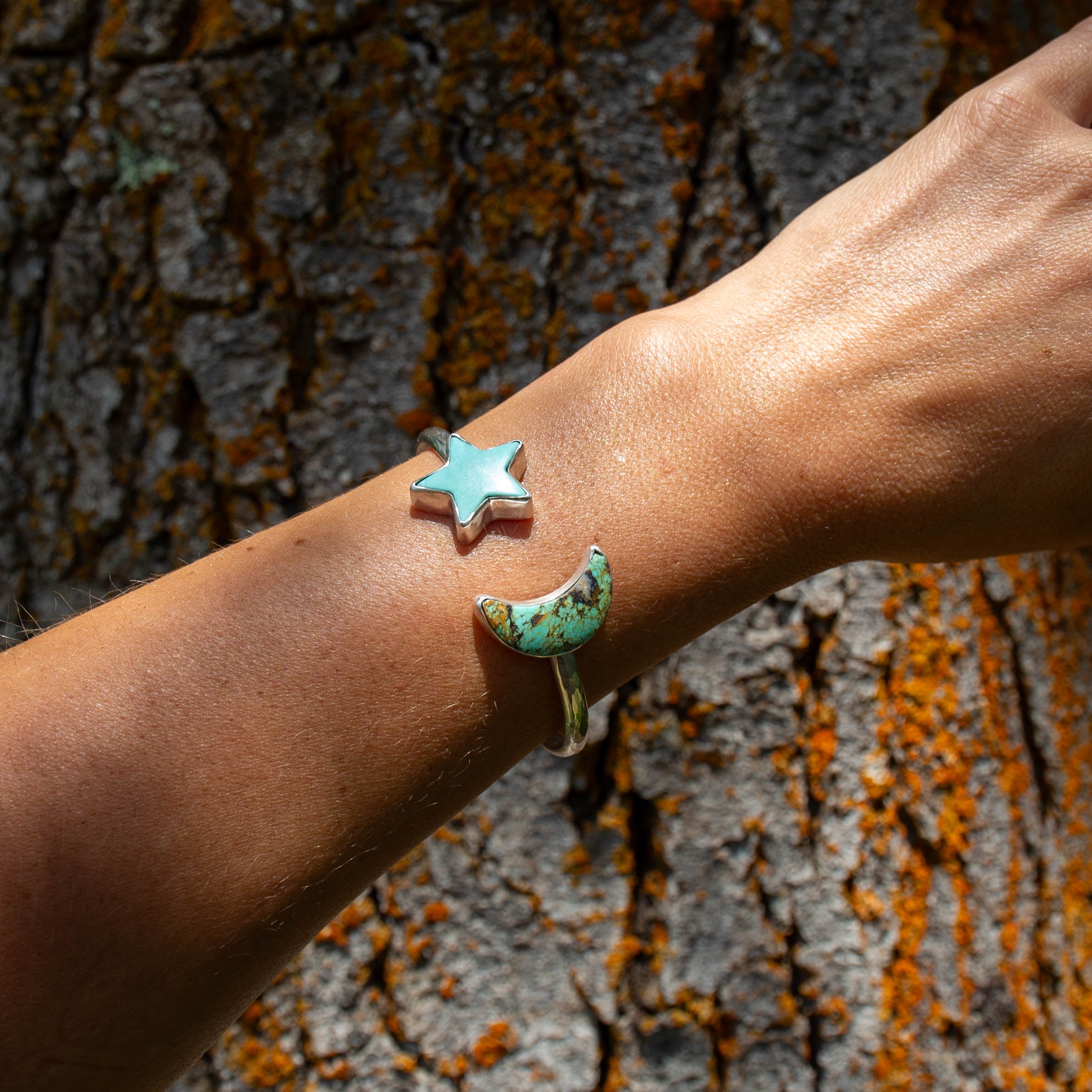 Moon & Star Campitos Turquoise Double Stone Sterling Silver Open Cuff
