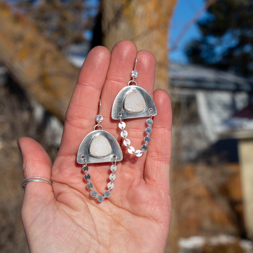 Natural White Druzy Quartz Coin Chain Sterling Silver Dangle Earrings