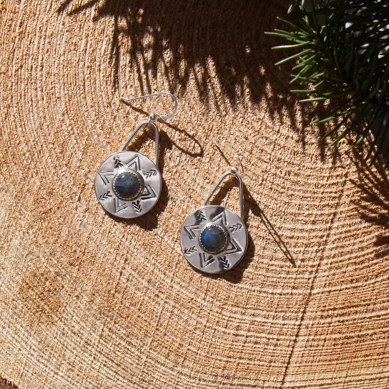 Labradorite Sterling Silver Stamped 7/8" Circle Earrings