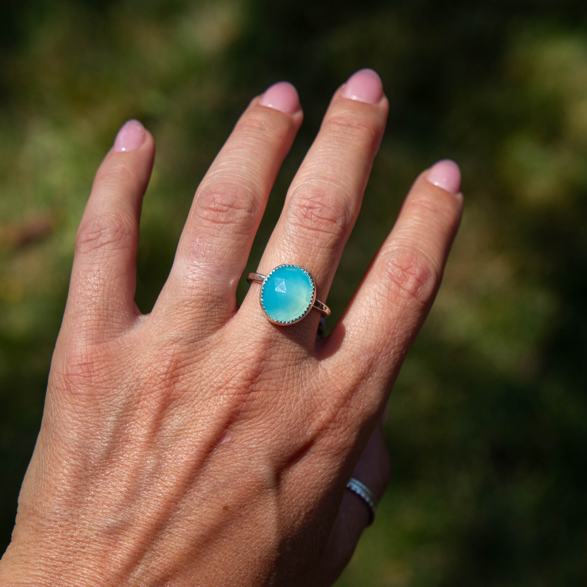8 Light Blue Chalcedony Sterling Silver Stacker Ring (Size 8)