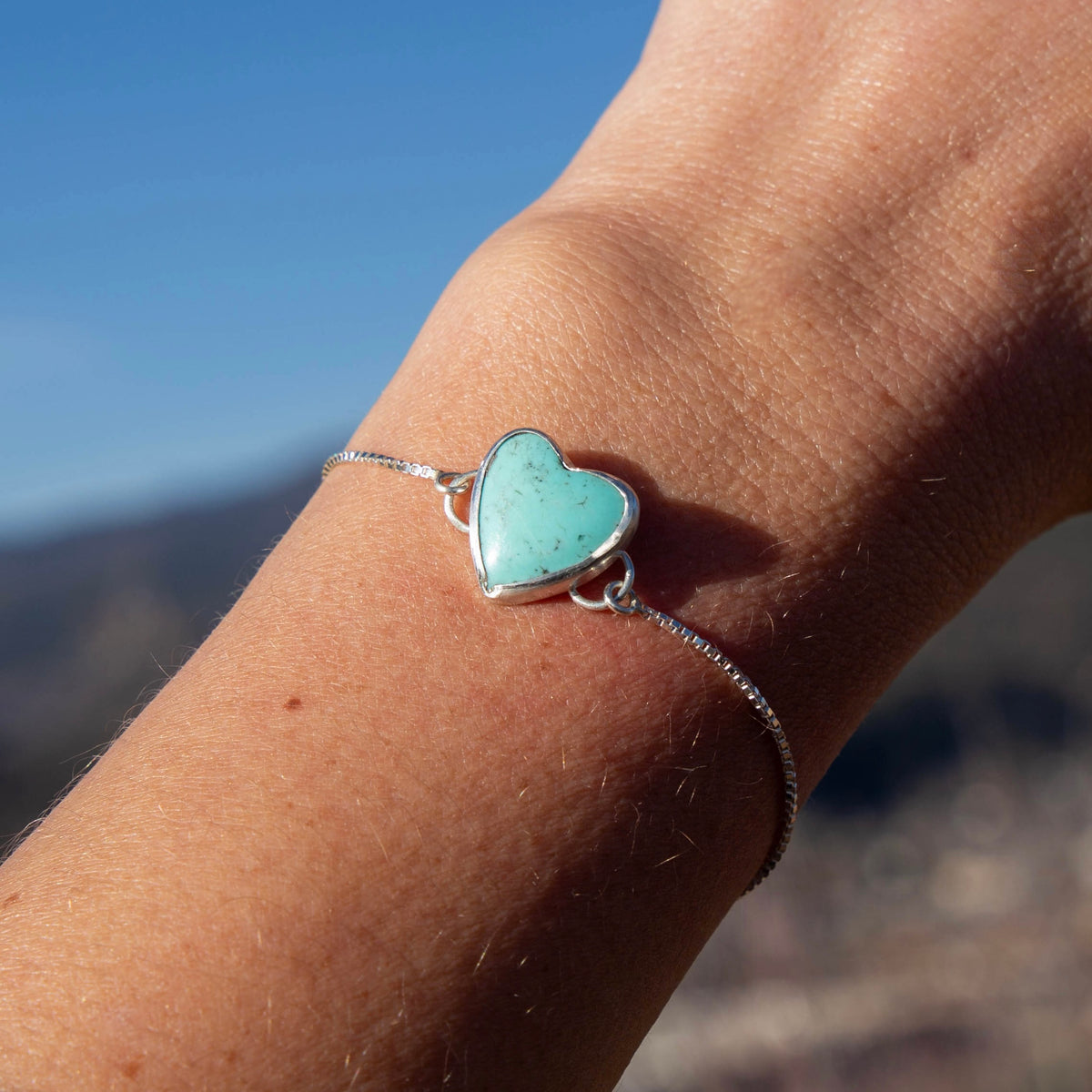 Chilean Turquoise Heart Sterling Silver Slider Bracelet -8.5"