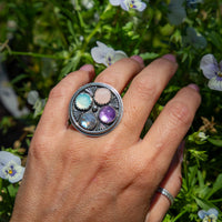 6.5 Amethyst, Rose Quartz, Chalcedony & Moonstone Multi-Stone Circle Sterling Silver Cluster Statement Ring (Size 6.5)