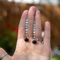Black Onyx Oxidized Coin Chain Sterling Silver Threader Earrings