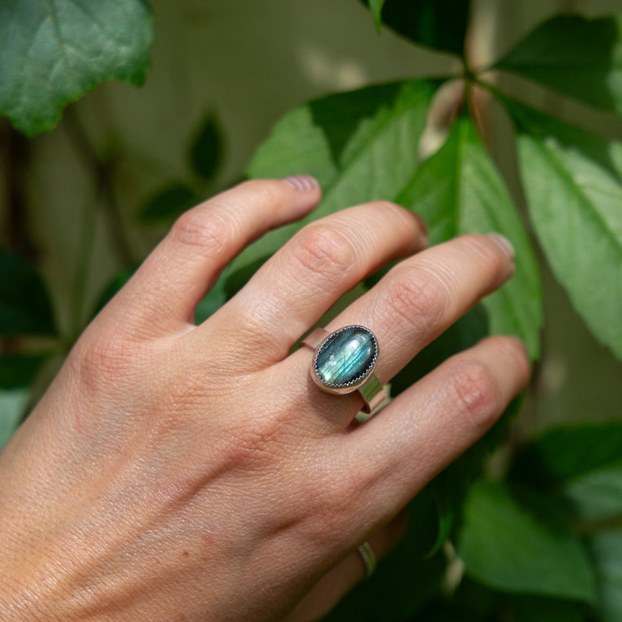 9 Labradorite Wide Band Sterling Silver Ring (Size 9)