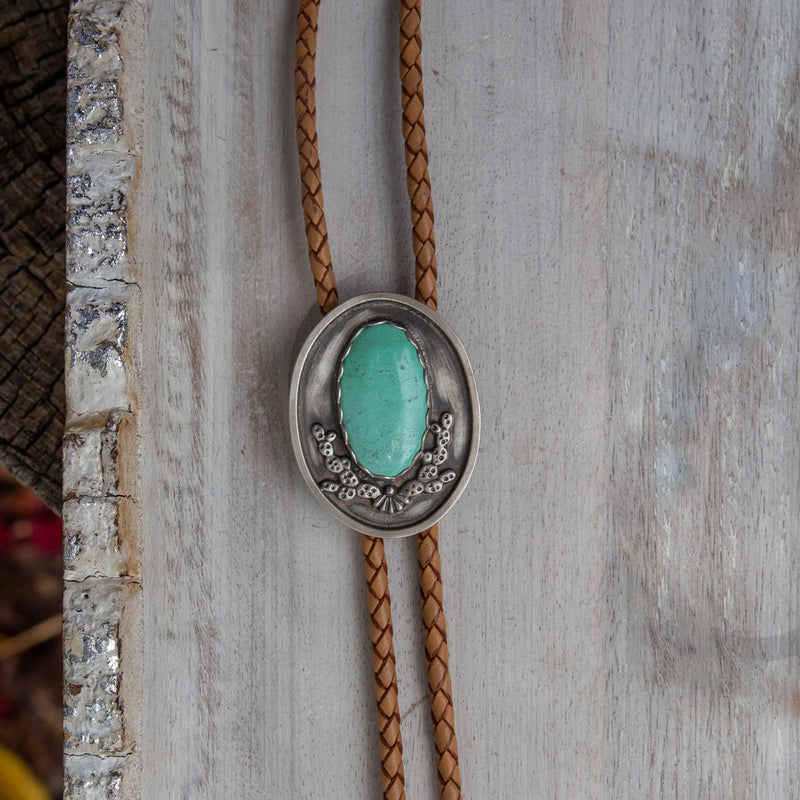 42" Carico Lake Turquoise Cactus Shadowbox Sterling Silver Bolo