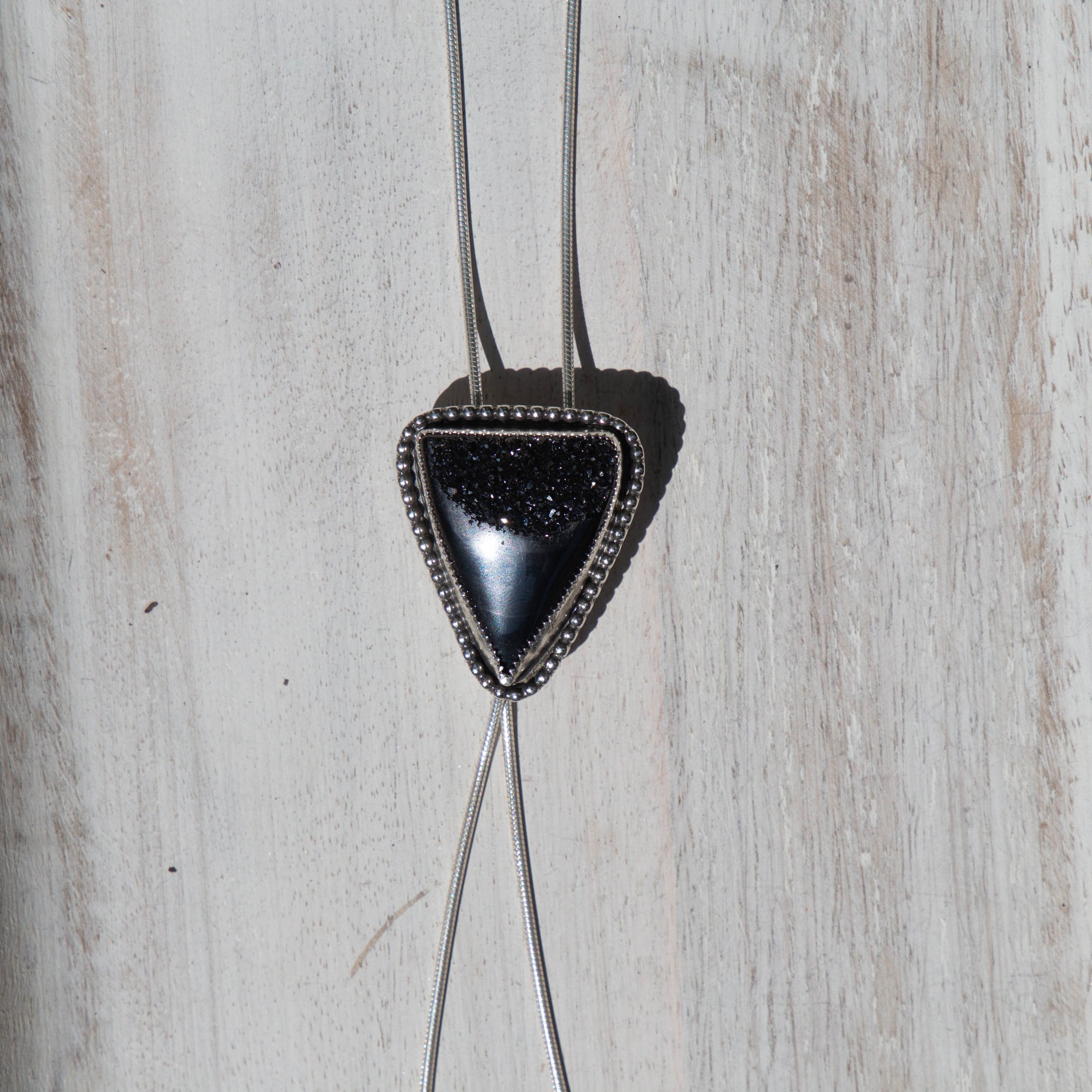 36" Black Druzy Agate Triangle Sterling Silver Chain Bolo La Femme