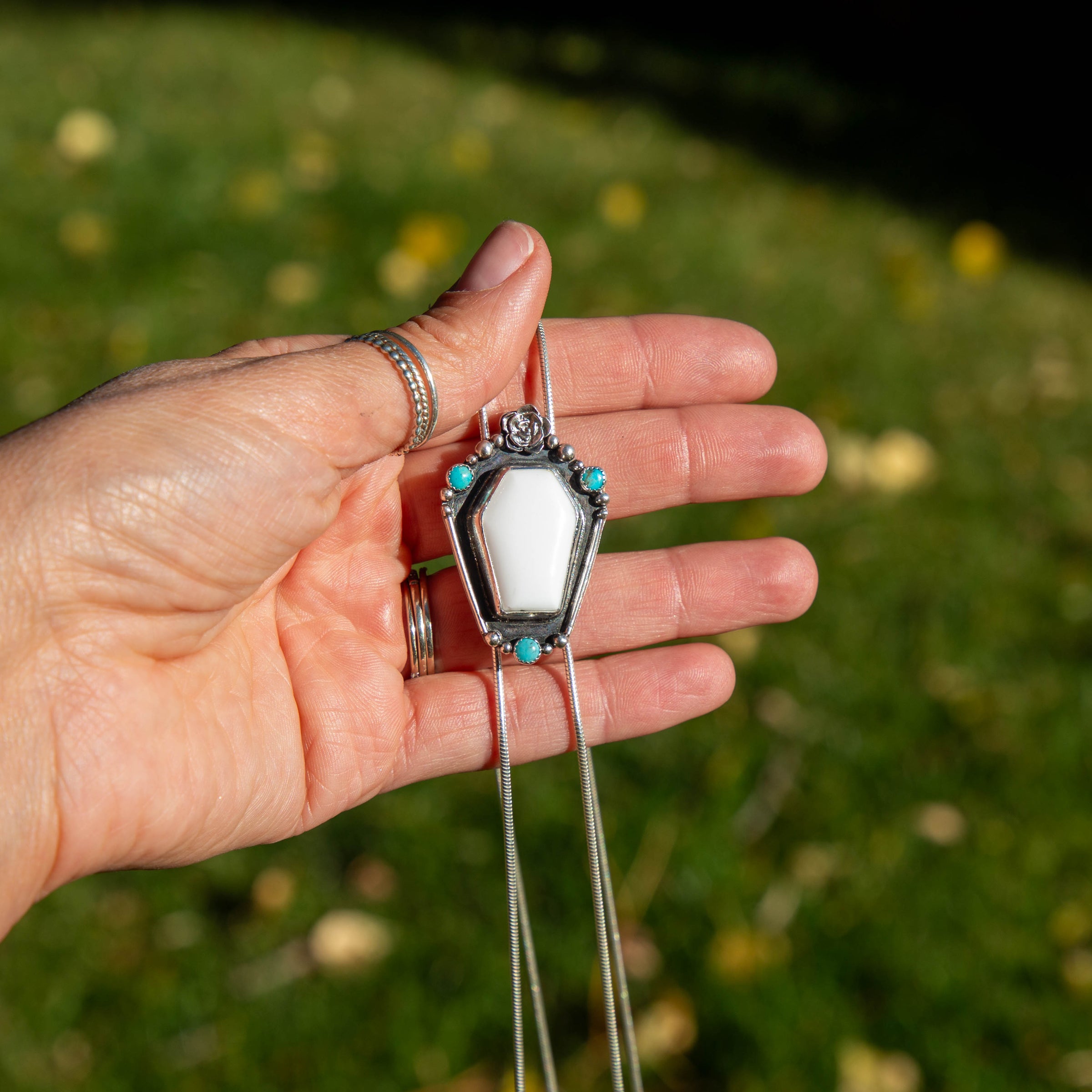 38" White Buffalo Coffin-Shaped Stone with Kingman Turquoise Sterling Silver Chain Bolo La Femme