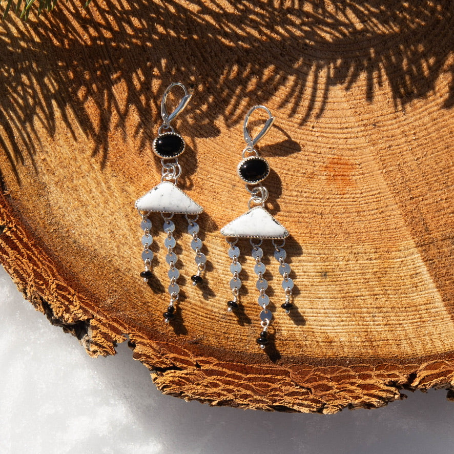 White Buffalo & Black Onyx Sterling Silver Dangle Earrings