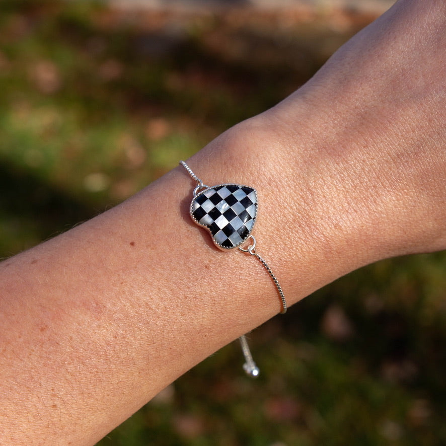 Checkered Black Onyx & Mother of Pearl Sterling Silver Slider Adjustable Bracelet - 8.5"