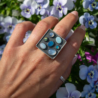 7.5 Opal & Moonstone Multi-Stone Square Sterling Silver Cluster Statement Ring (Size 7.5)