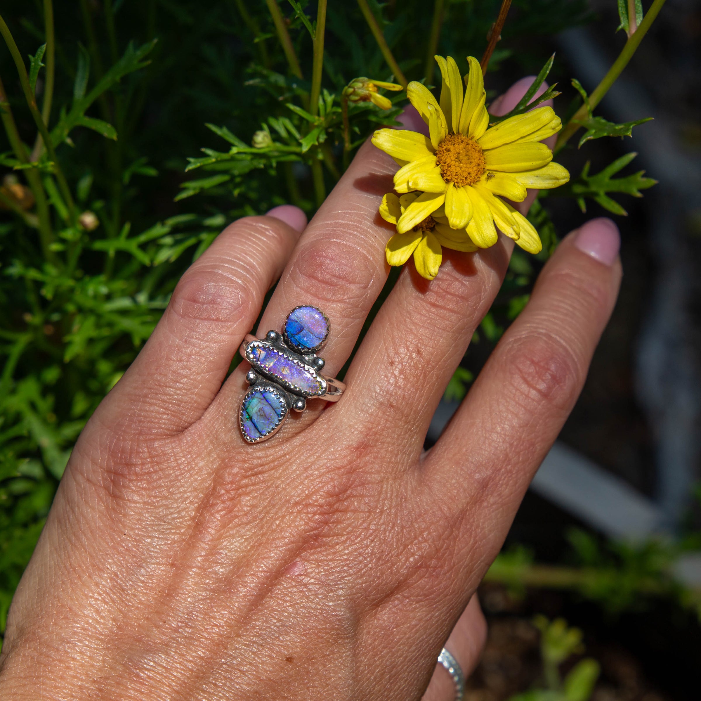 7 Triple Purple Sterling Opal Sterling Silver Statement Ring (Size 7)