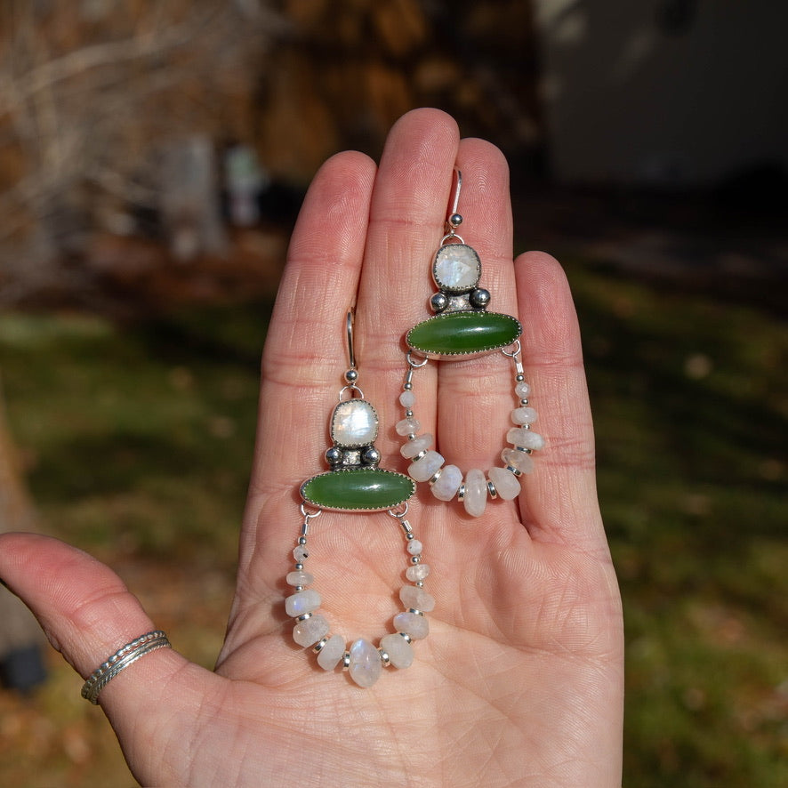 “Handmade sterling silver earrings with rainbow moonstone and jade”
“Artisan moonstone and jade statement earrings”
“Boho gemstone earrings with moonstone bead hoop”
“Handcrafted sterling silver moonstone and jade jewelry”