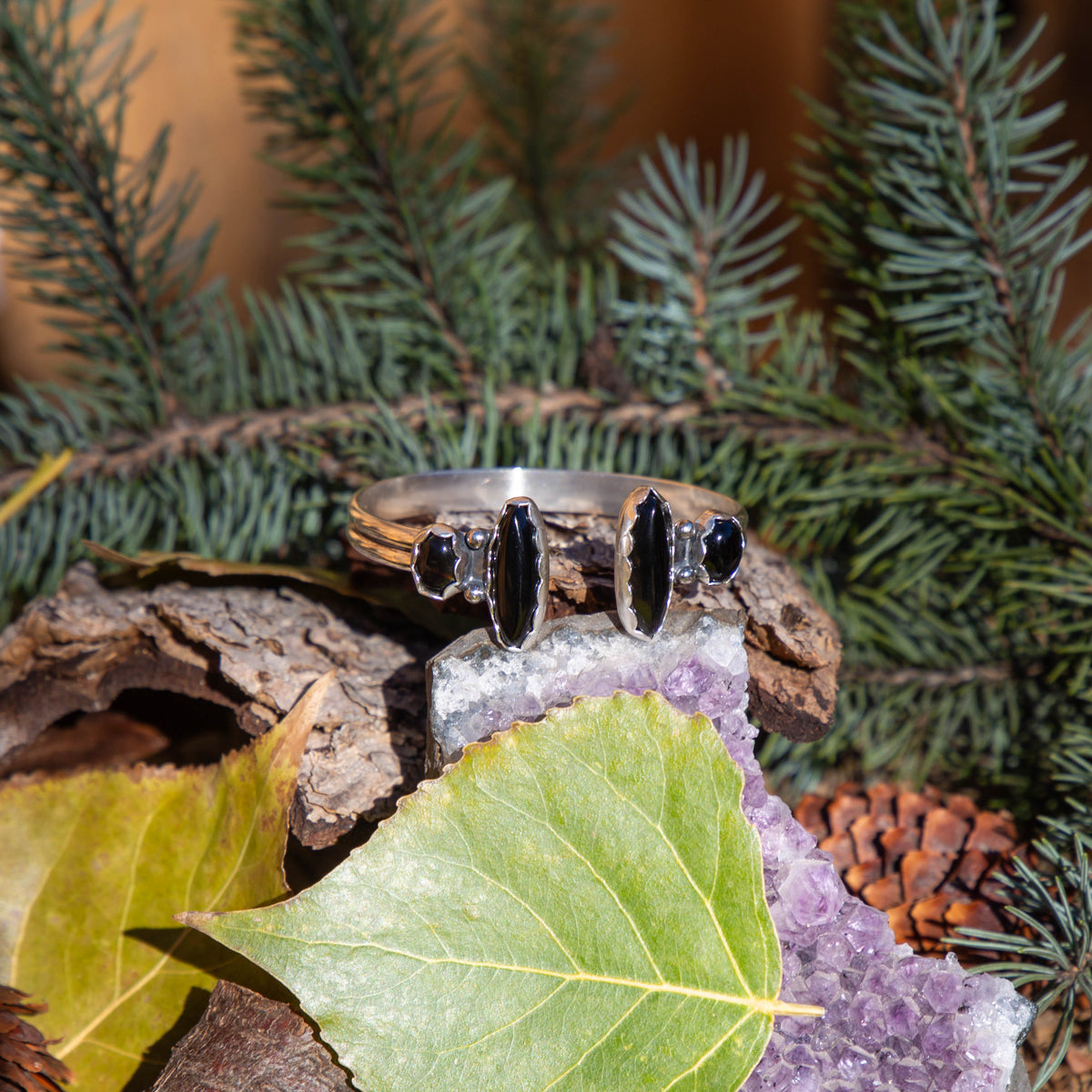 Black Onyx Double Stone Sterling Silver Open Cuff