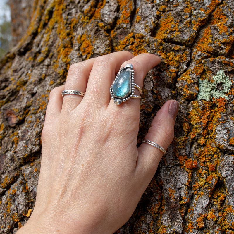 7.75 Labradorite Coffin Shaped Sterling Silver Statement Ring (Size 7.75)