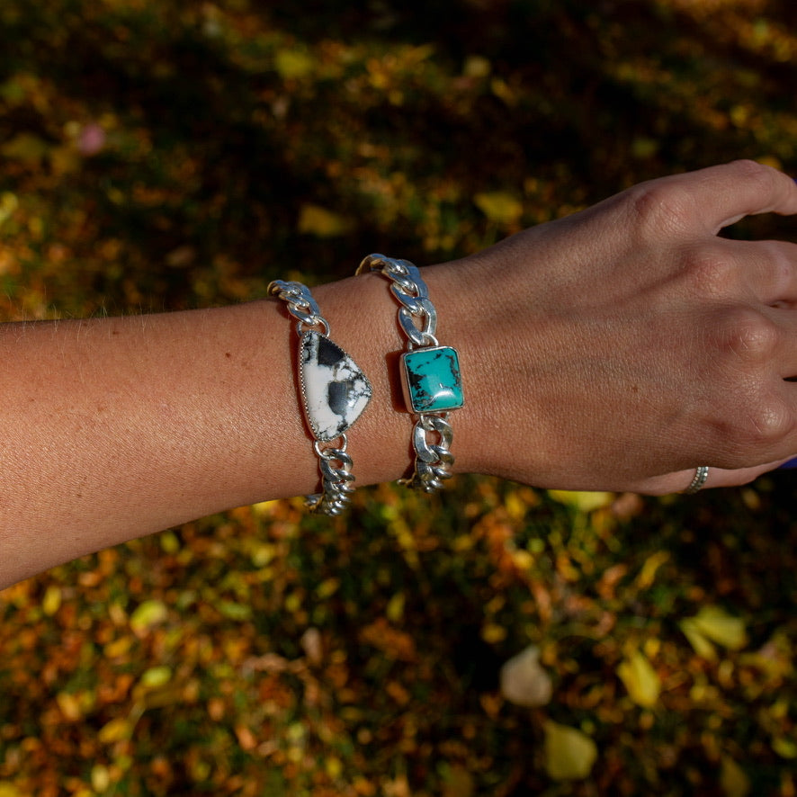 Southwest Mob Wife Chunky Mini Sterling Silver Bracelet with White Buffalo Turquoise - 7.25"