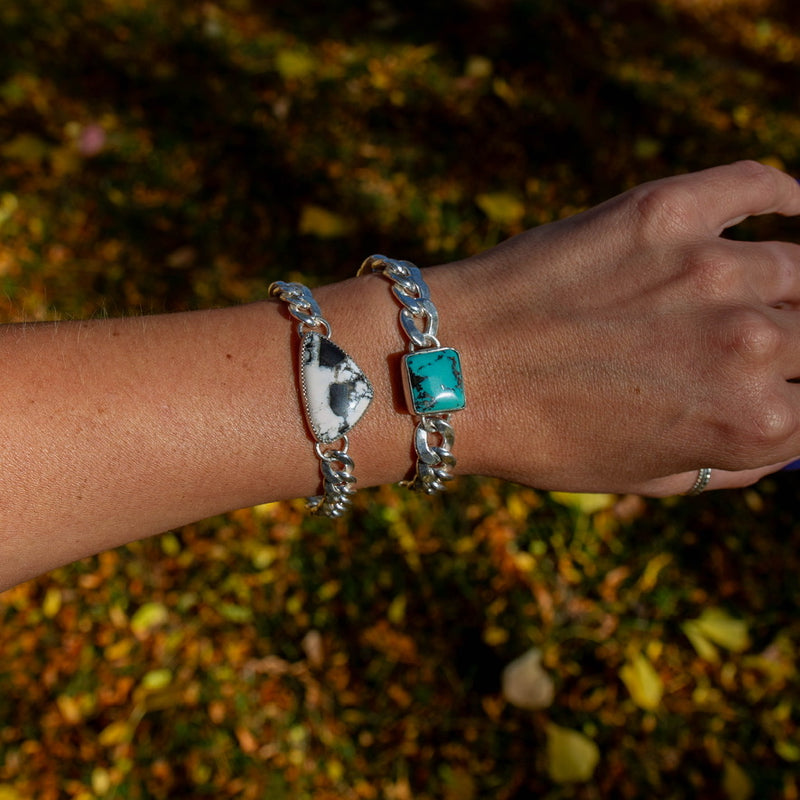 Southwest Mob Wife Chunky Mini Sterling Silver Bracelet with White Buffalo Turquoise - 7.25"