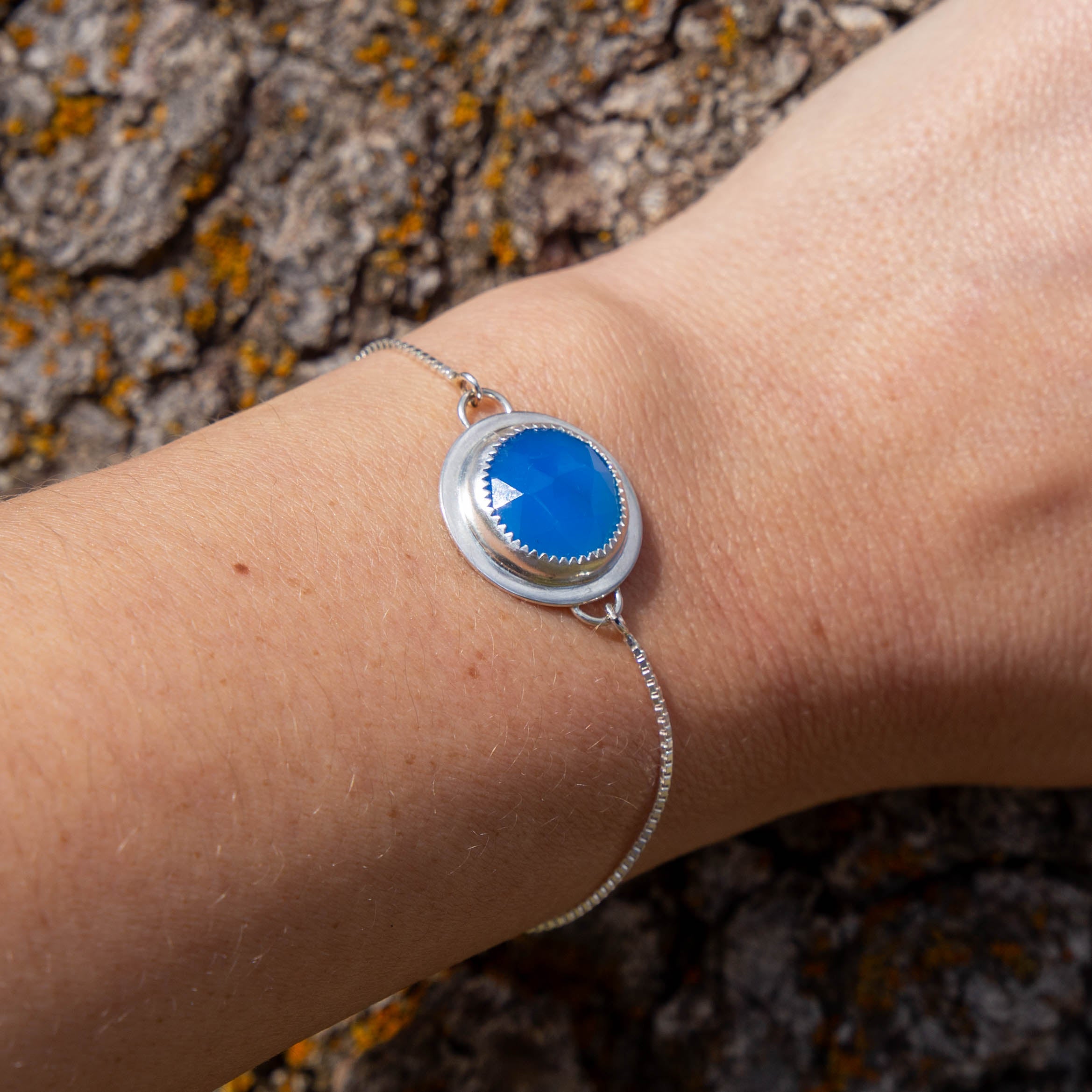 Electric Blue Chalcedony Sterling Silver Slider Bracelet - 7.5"