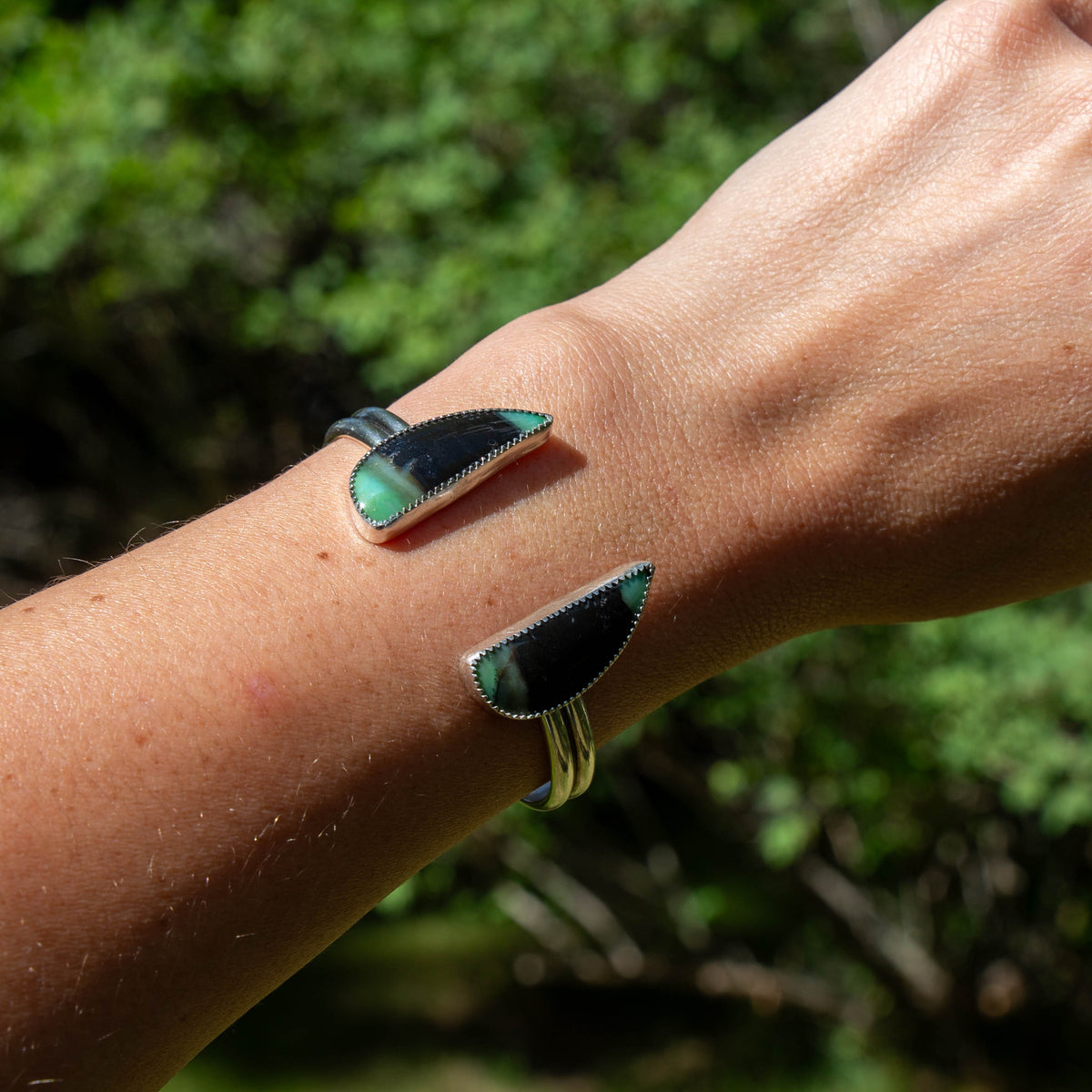 Opalized Petrified Wood Double Stone Sterling Silver Open Cuff