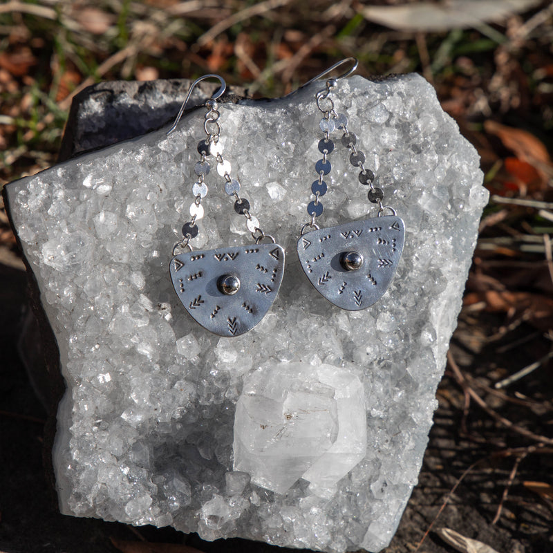 Half Oval Stamped Sterling Silver Earrings with Coin Chain