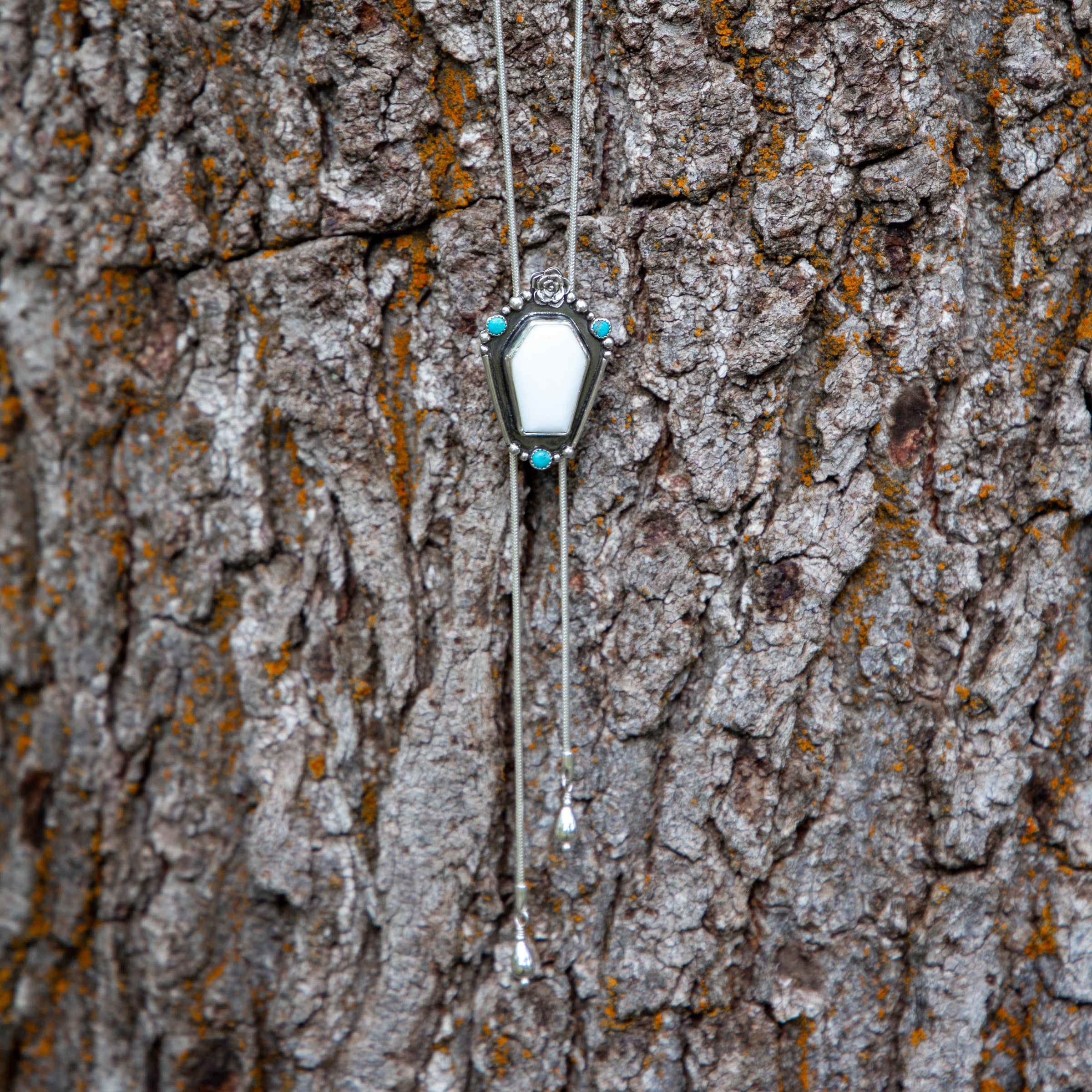 38" White Buffalo Coffin-Shaped Stone with Kingman Turquoise Sterling Silver Chain Bolo La Femme