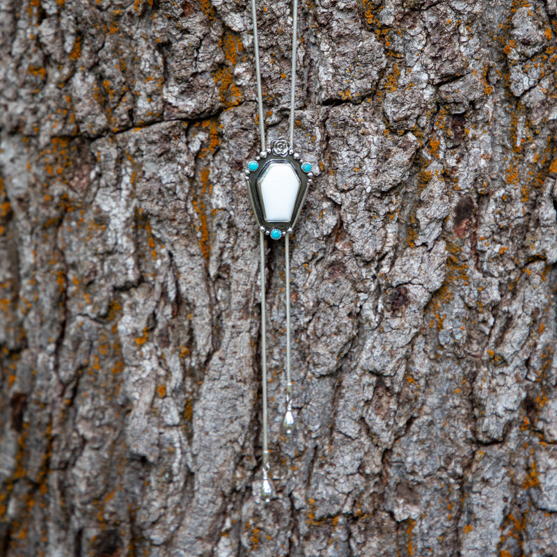 38" White Buffalo Coffin-Shaped Stone with Kingman Turquoise Sterling Silver Chain Bolo La Femme